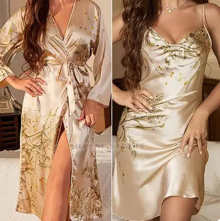 Ensemble de Chemise de Nuit et Robe en Satin à Imprimé Cerise