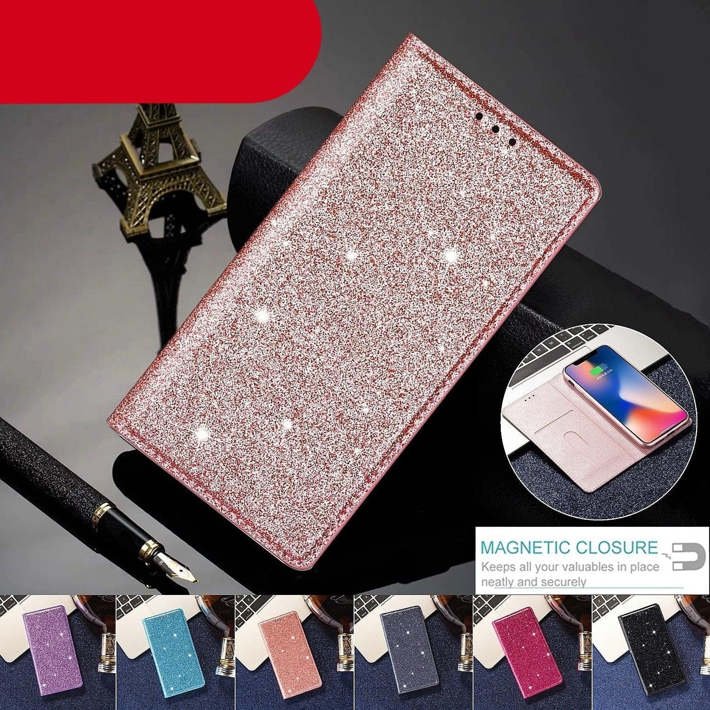 Glitter Leather Magnetic Flip Case for iPhone 14/13/12/11