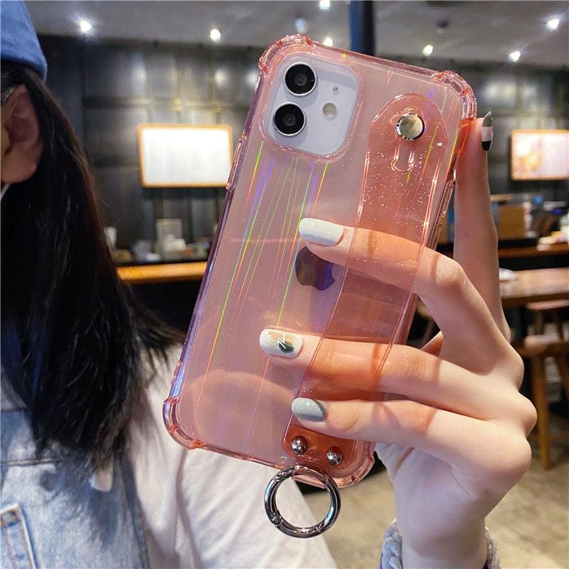 Glitter Wrist Strap Transparent Shockproof Phone Case for iPhone
