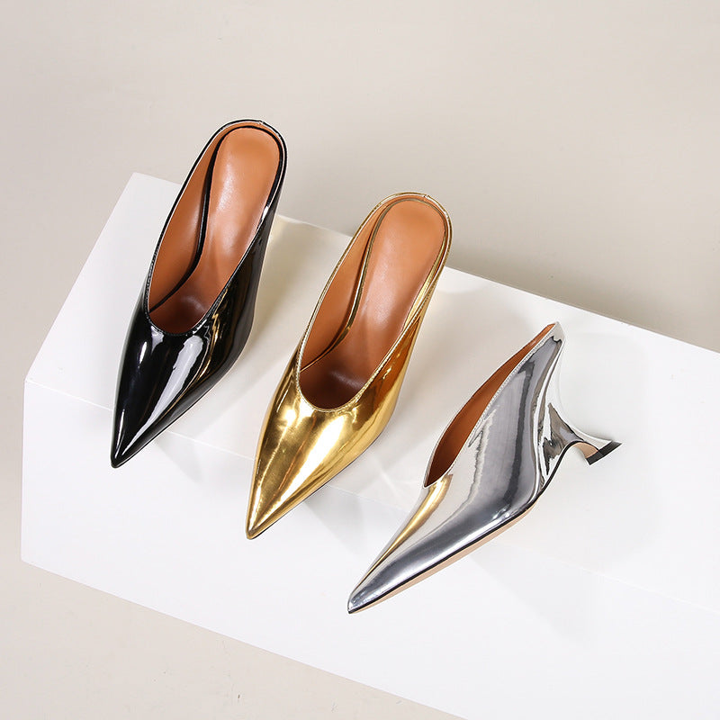 Glossy patent leather cross-border women's shoes with high heels and sloping heels slippers - Korvel