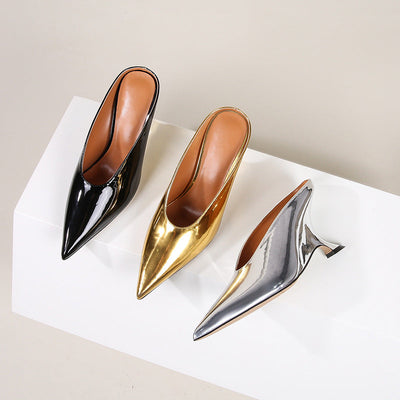 Glossy patent leather cross-border women's shoes with high heels and sloping heels slippers - Korvel