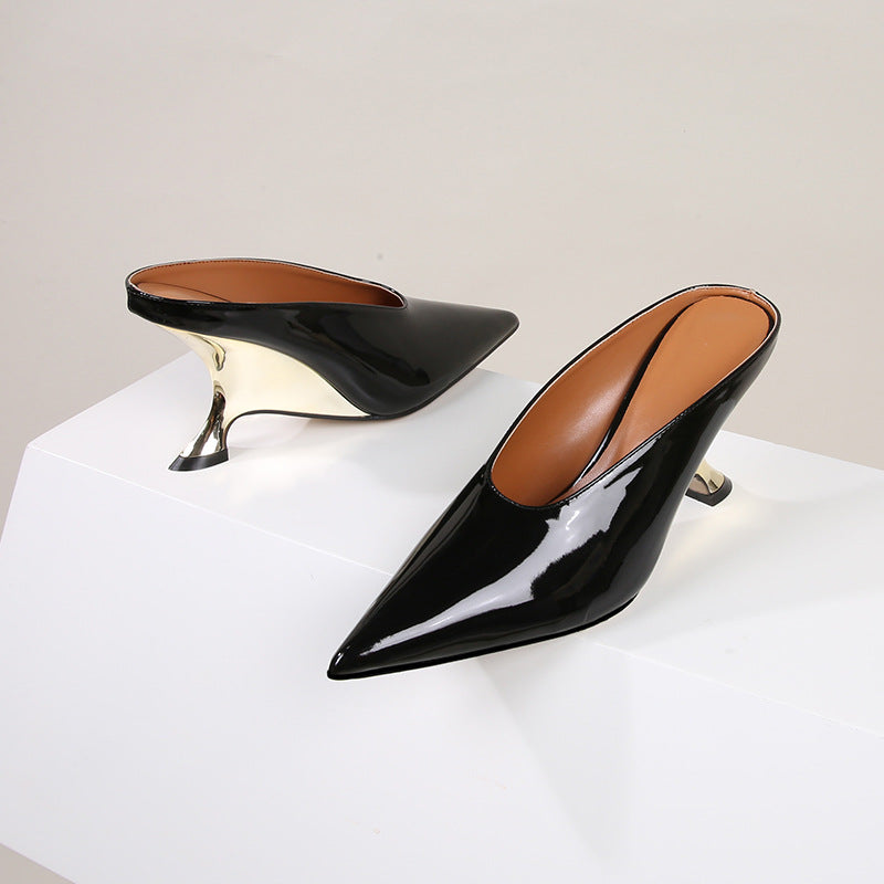 Glossy patent leather cross-border women's shoes with high heels and sloping heels slippers - Korvel