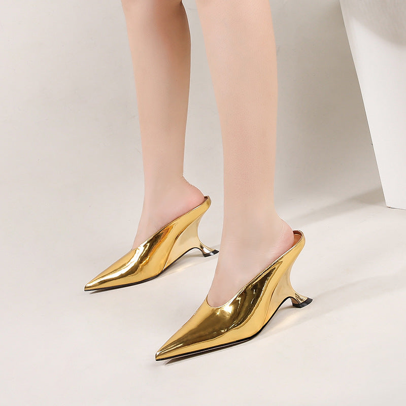 Glossy patent leather cross-border women's shoes with high heels and sloping heels slippers - Korvel