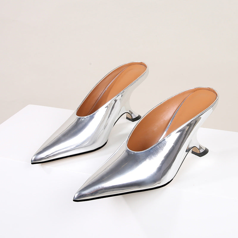 Glossy patent leather cross-border women's shoes with high heels and sloping heels slippers - Korvel