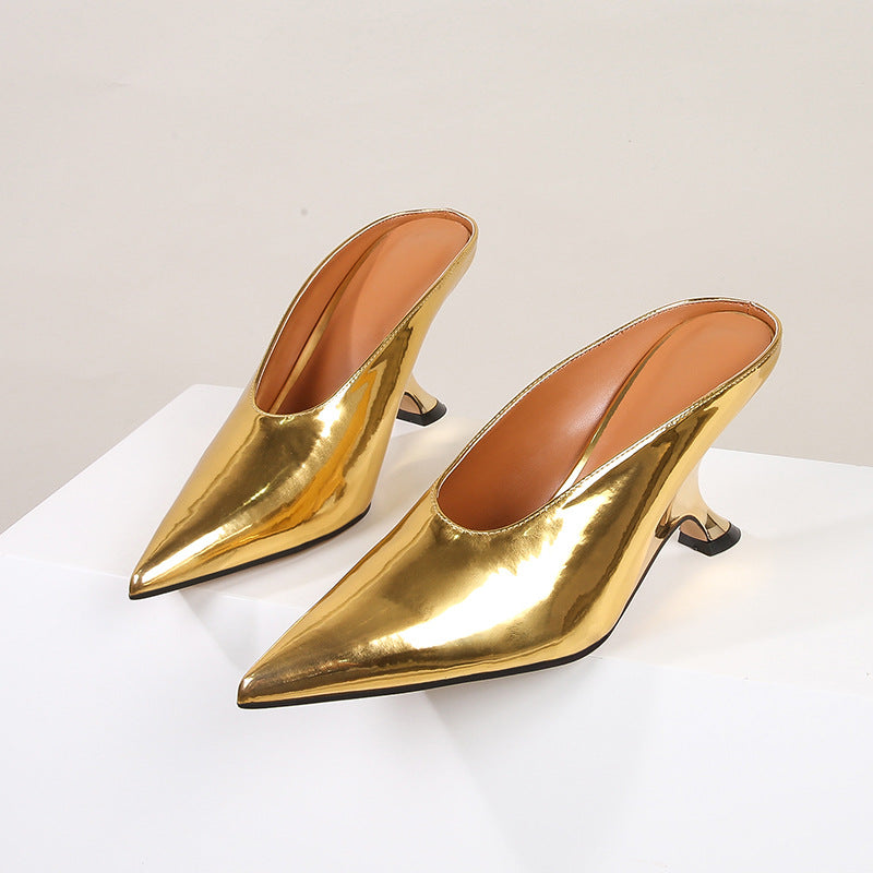 Glossy patent leather cross-border women's shoes with high heels and sloping heels slippers - Korvel