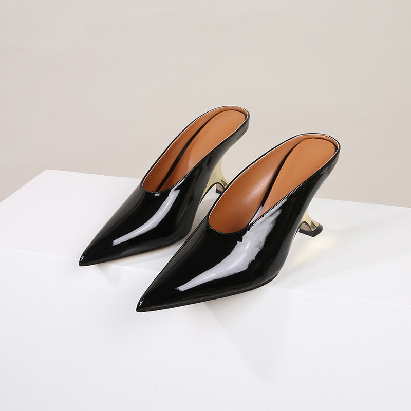 Glossy patent leather cross-border women's shoes with high heels and sloping heels slippers - Korvel
