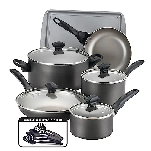 Farberware 15-Piece Dishwasher Safe Nonstick Cookware Set - Pewter