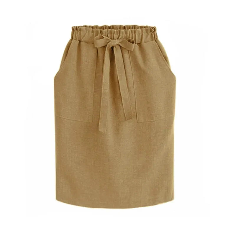 Falda de Cintura Elástica de Algodón para Mujer con Lazo - Estilo Midi Lápiz (Verde)