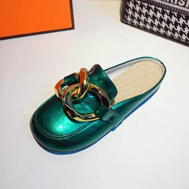 Elegant Gold Chain Closed Toe Mules for Women - Comfortable Slip-On Slippers - Korvel
