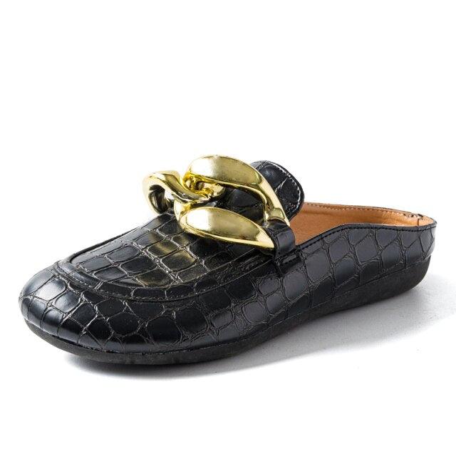Elegant Gold Chain Closed Toe Mules for Women - Comfortable Slip-On Slippers - Korvel