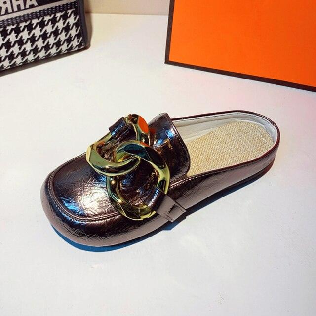Elegant Gold Chain Closed Toe Mules for Women - Comfortable Slip-On Slippers - Korvel