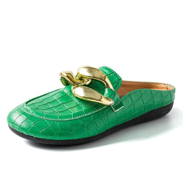 Elegant Gold Chain Closed Toe Mules for Women - Comfortable Slip-On Slippers - Korvel