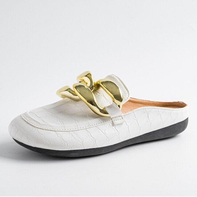 Elegant Gold Chain Closed Toe Mules for Women - Comfortable Slip-On Slippers - Korvel