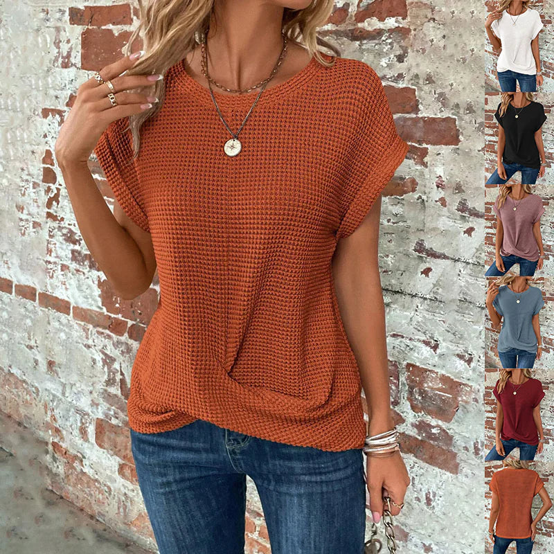 Camiseta de Cuello Redondo de Waffle Sólido de Verano Chic y Cómoda