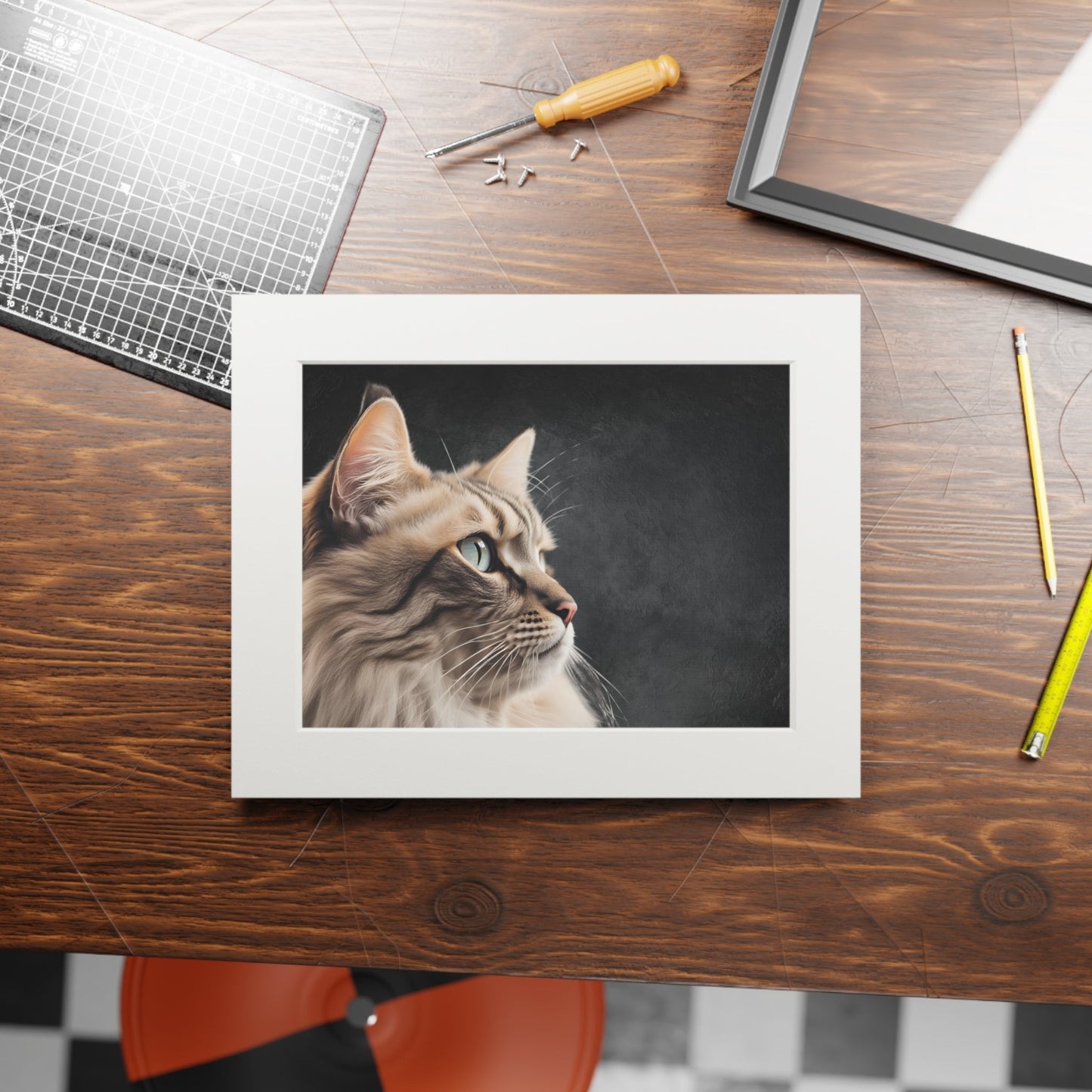Impresión de Arte de Gato Gris con Marco Passepartout