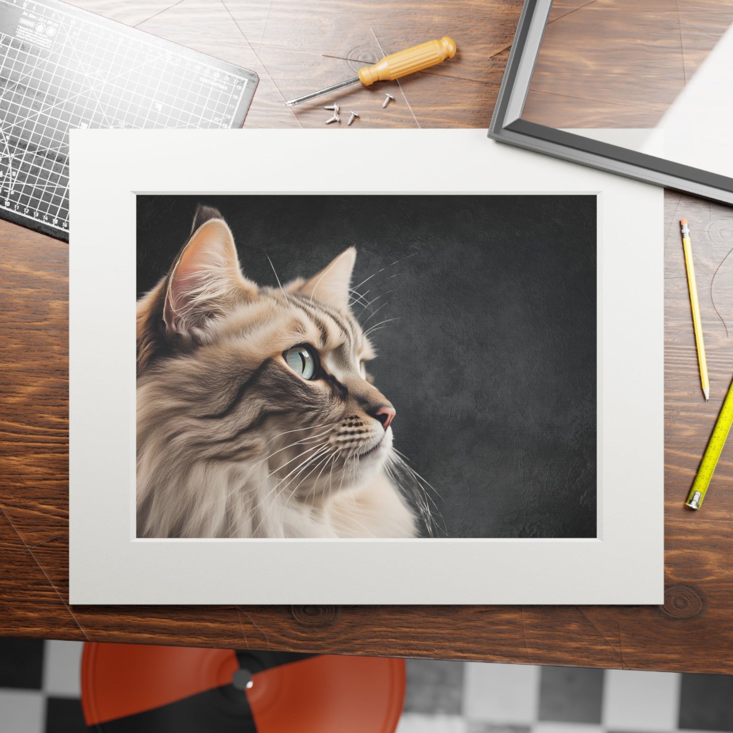 Impresión de Arte de Gato Gris con Marco Passepartout