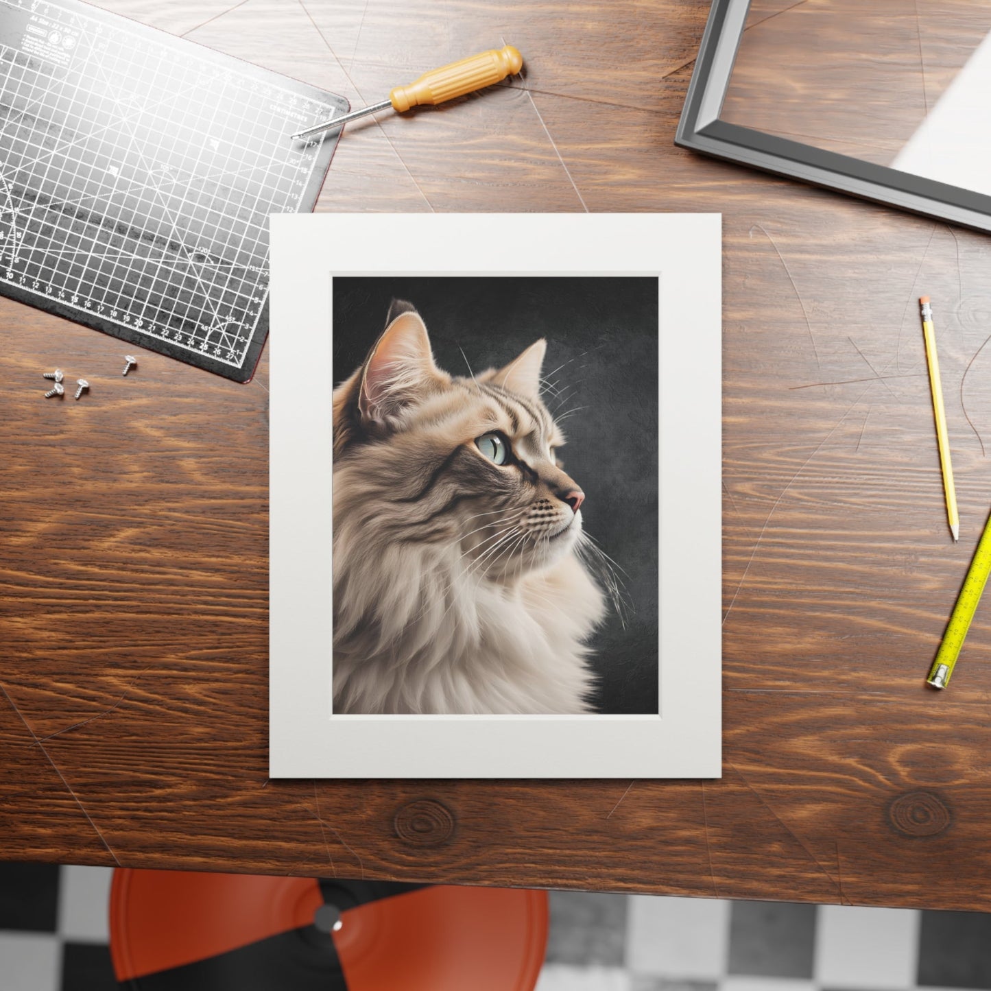 Impresión de Arte de Gato Gris con Marco Passepartout