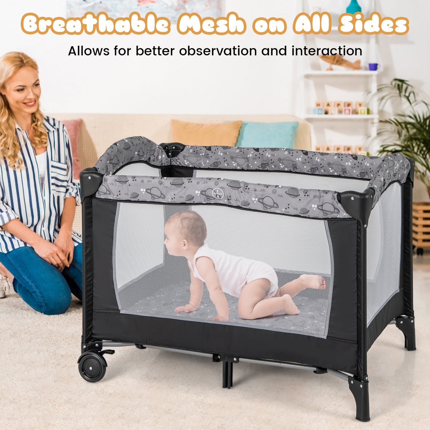 Multi-Functional Baby Playpen with Mattress and Changing Table - Gray