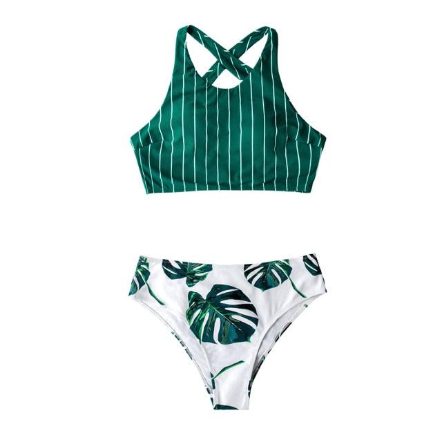 Ensemble de bikini à rayures vertes et imprimé feuilles pour femmes