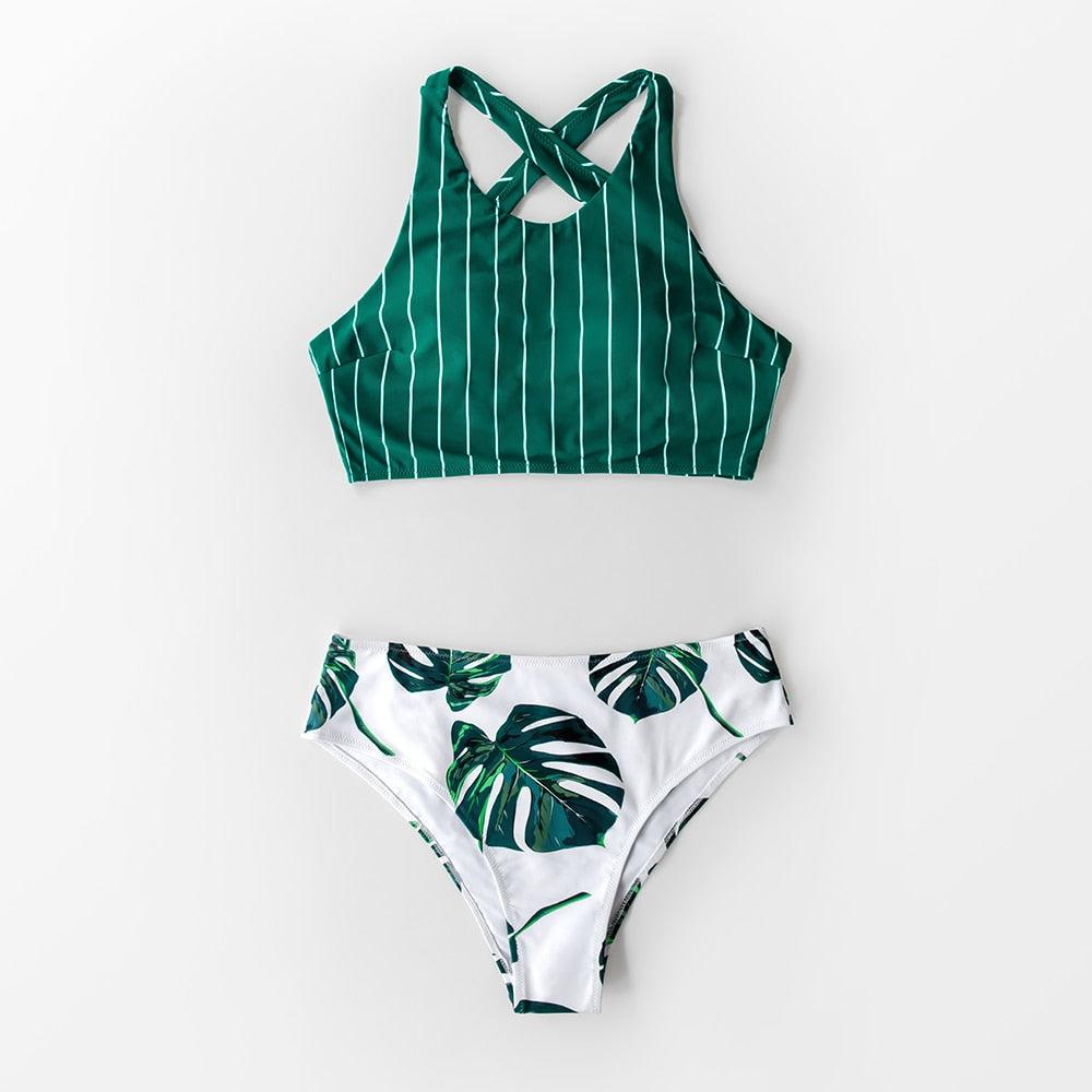 Ensemble de bikini à rayures vertes et imprimé feuilles pour femmes