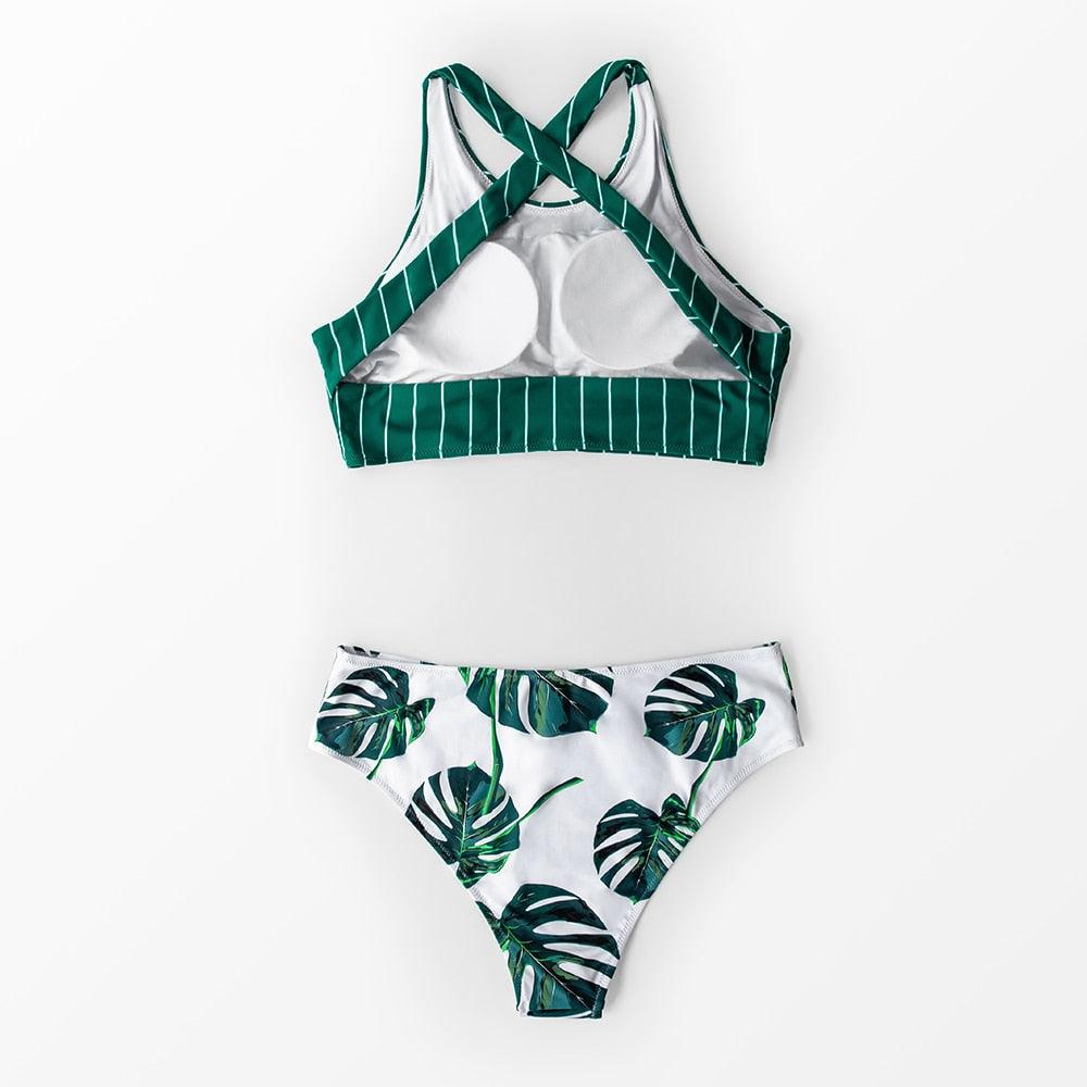 Ensemble de bikini à rayures vertes et imprimé feuilles pour femmes