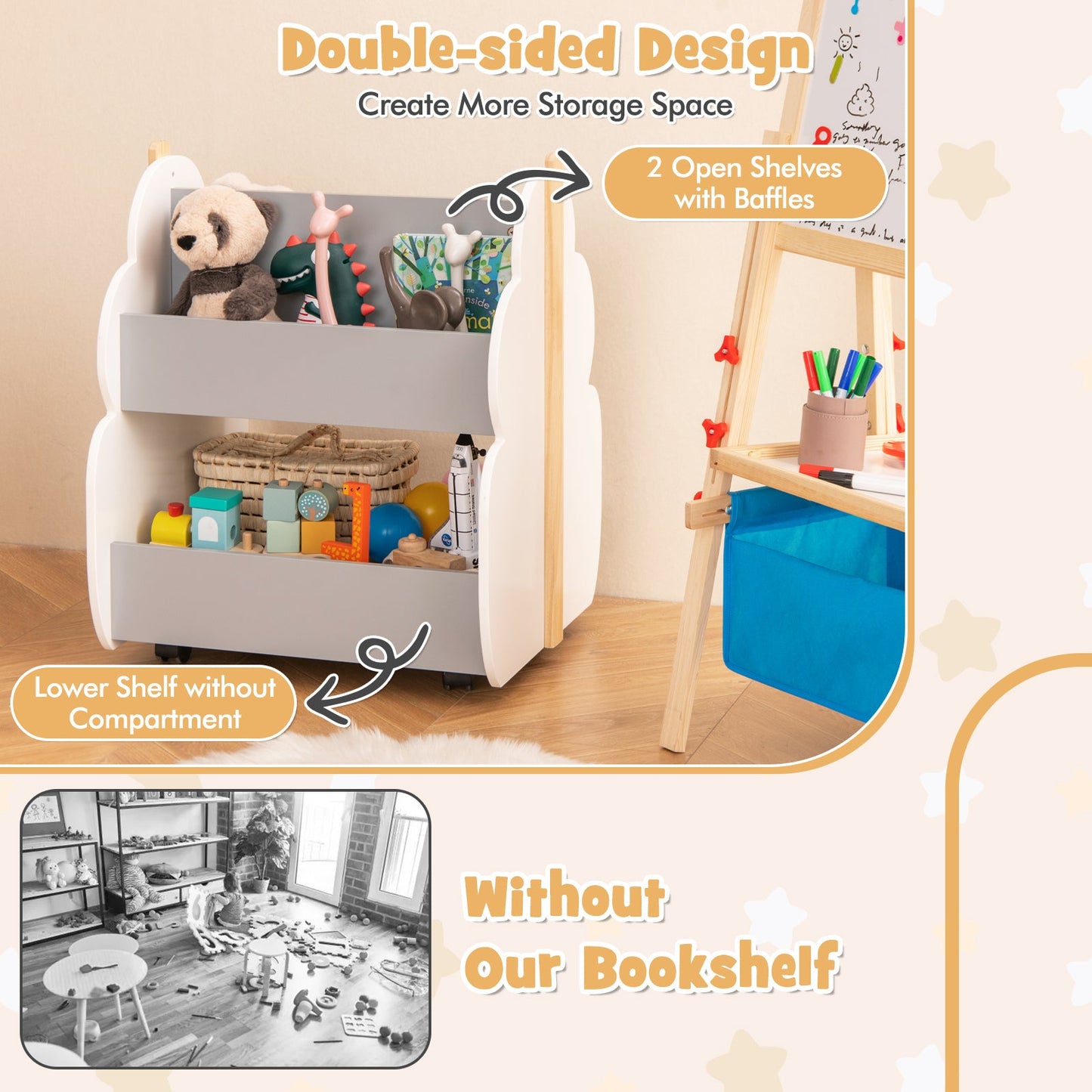 Bibliothèque en Bois pour Enfants avec Roues Universelles - Gris
