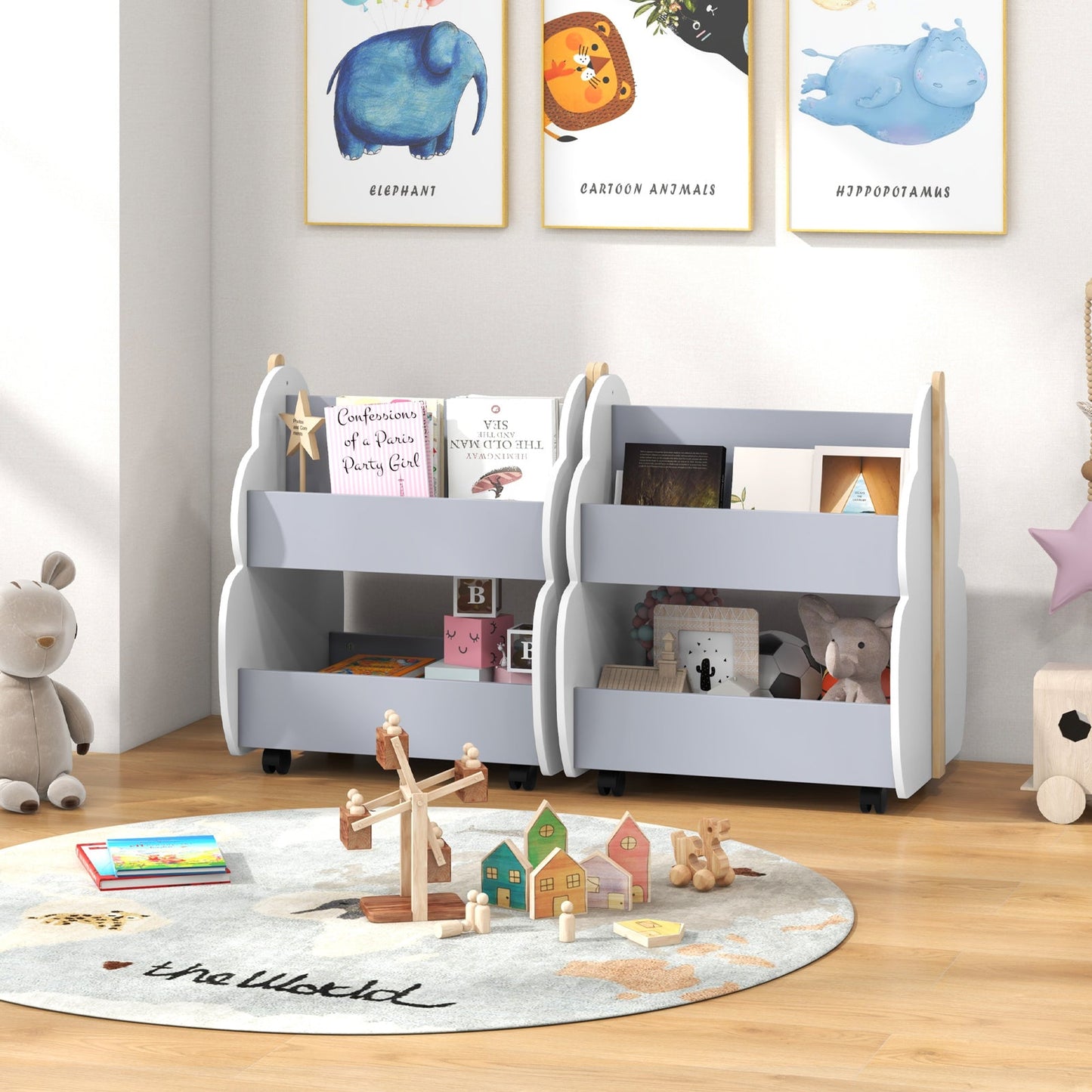 Bibliothèque en Bois pour Enfants avec Roues Universelles - Gris
