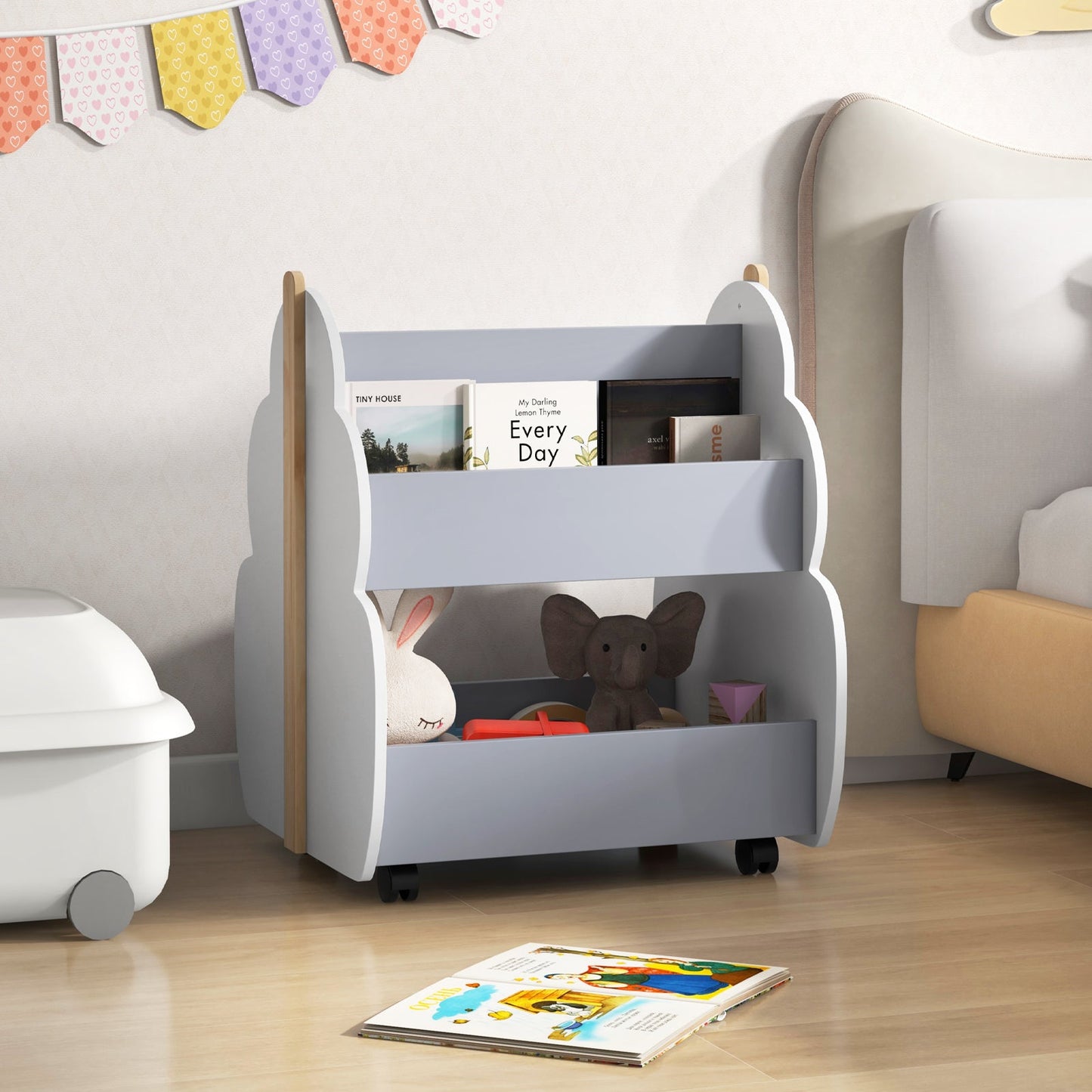 Bibliothèque en Bois pour Enfants avec Roues Universelles - Gris