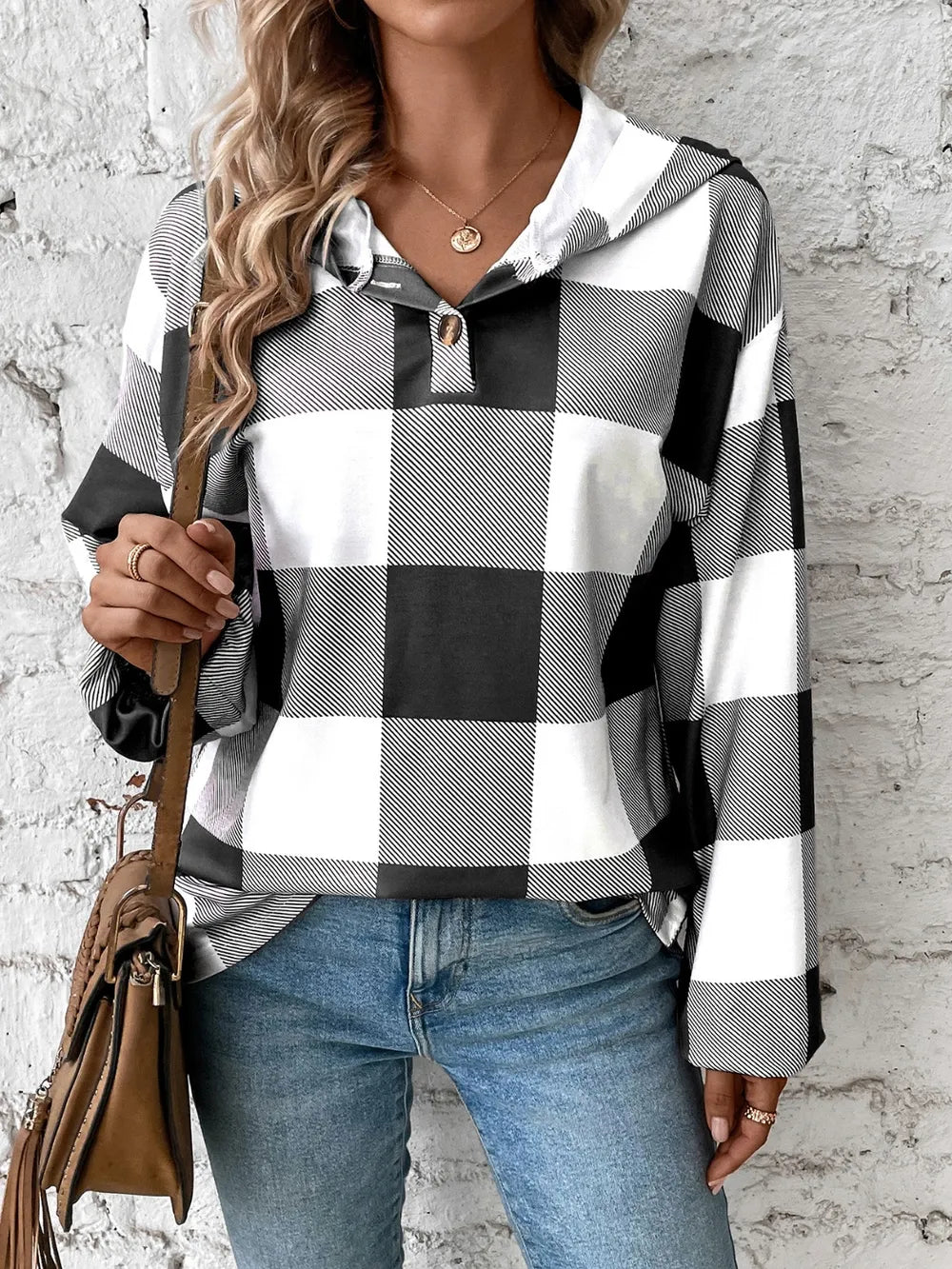 Grid printed loose casual fashionable button long sleeved hooded sweatshirt - Korvel