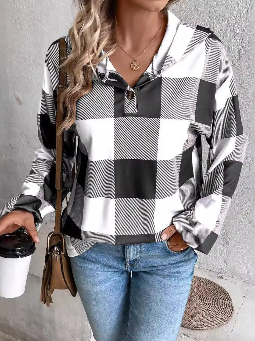 Grid printed loose casual fashionable button long sleeved hooded sweatshirt - Korvel