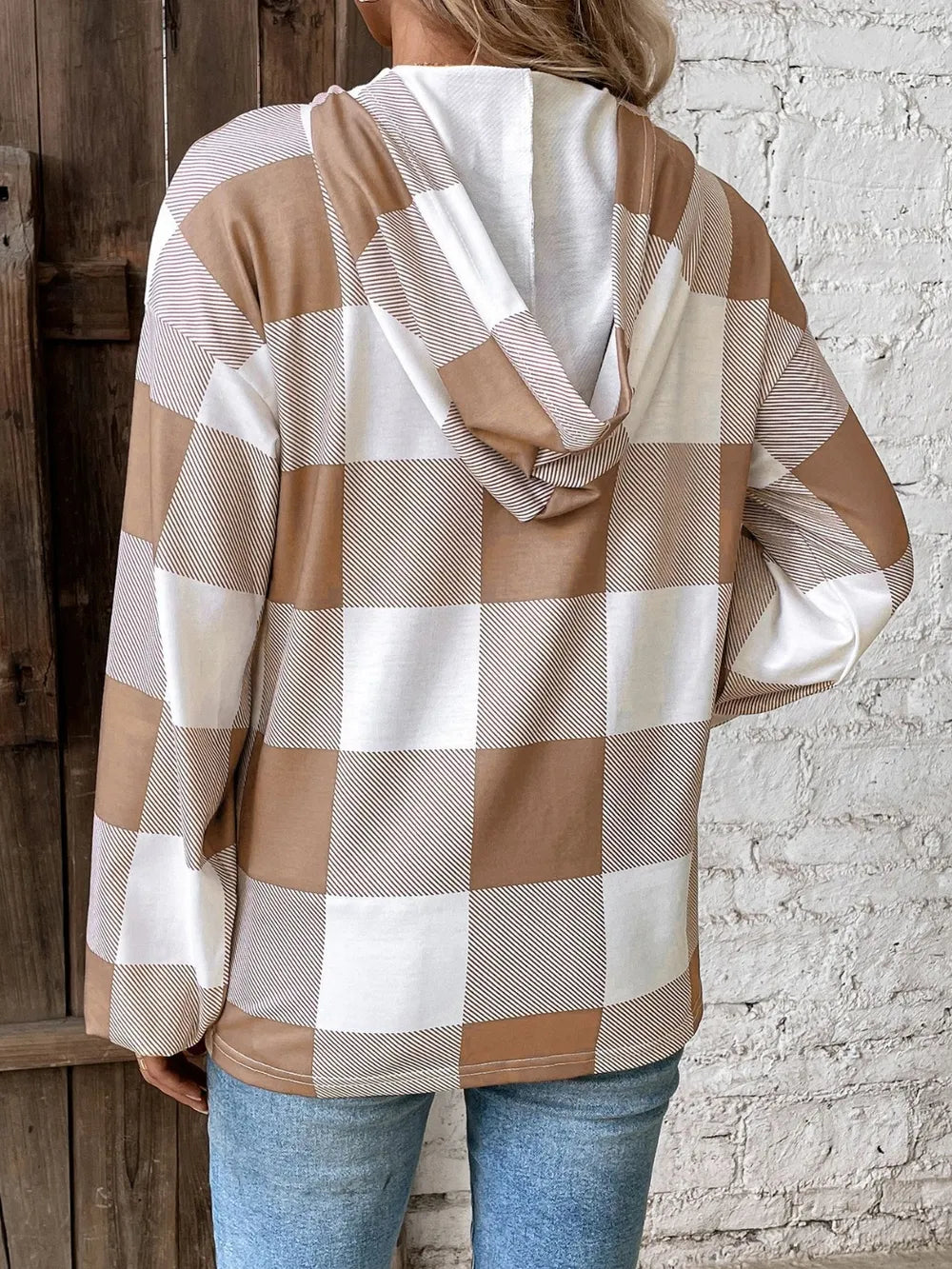 Grid printed loose casual fashionable button long sleeved hooded sweatshirt - Korvel
