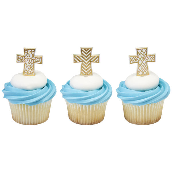 Gold Cross Cake Toppers - Religious Dessert Decorations