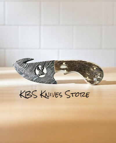 Handcrafted Damascus Steel Deer Gutting Knife with Antler Grip & Gut Hook - Korvel
