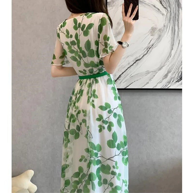 Robe midi à imprimé feuilles pour femmes en été
