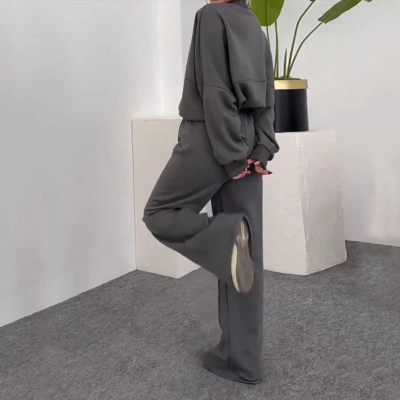 Conjunto de Suéter y Pantalones de Color Sólido con Cremallera BASIC para Mujeres