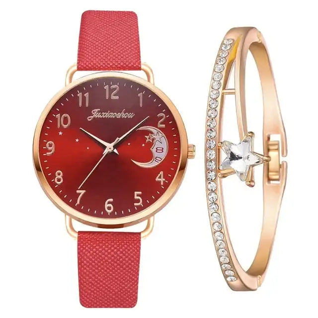 Conjunto de Reloj y Pulsera con Números de Luna