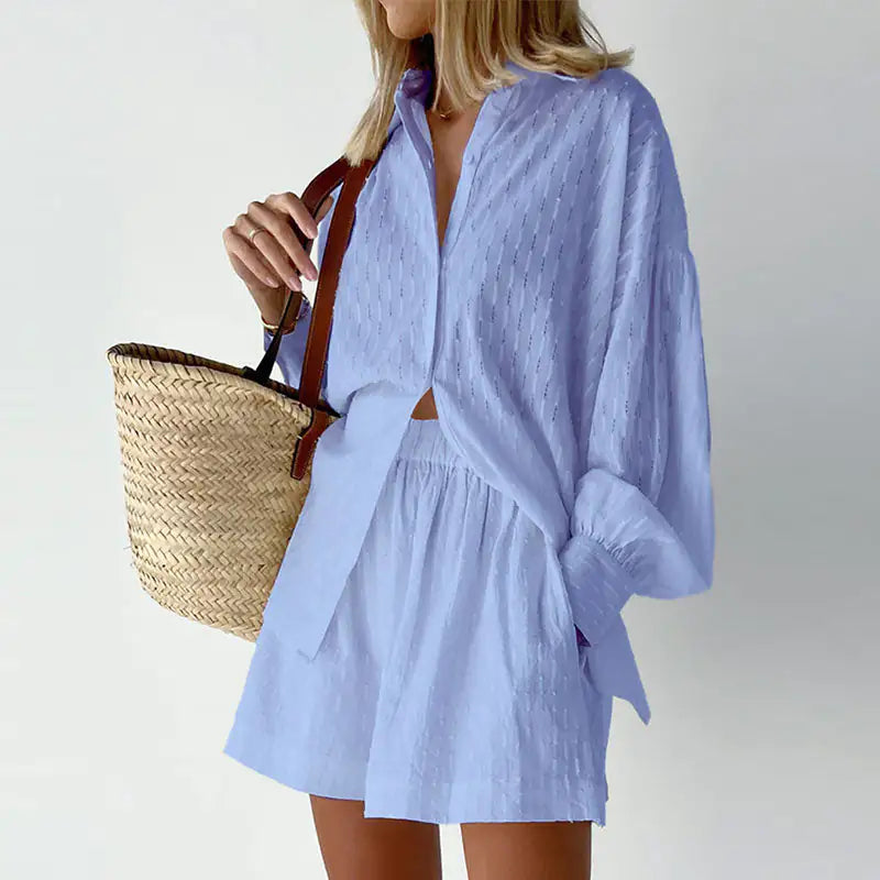 Lantern Sleeve Loose Shirt and Shorts Set
