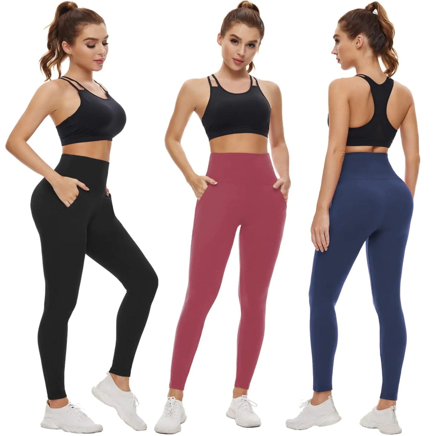 NEW YOUNG 3 Pack High Waisted Leggings with Pockets for Women