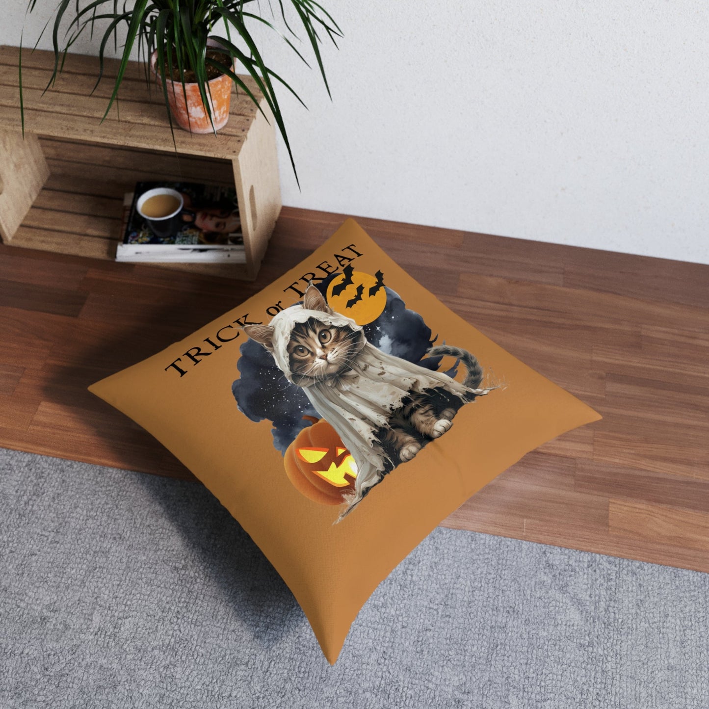 Coussin de sol carré Halloween avec chat pour une décoration de vacances confortable