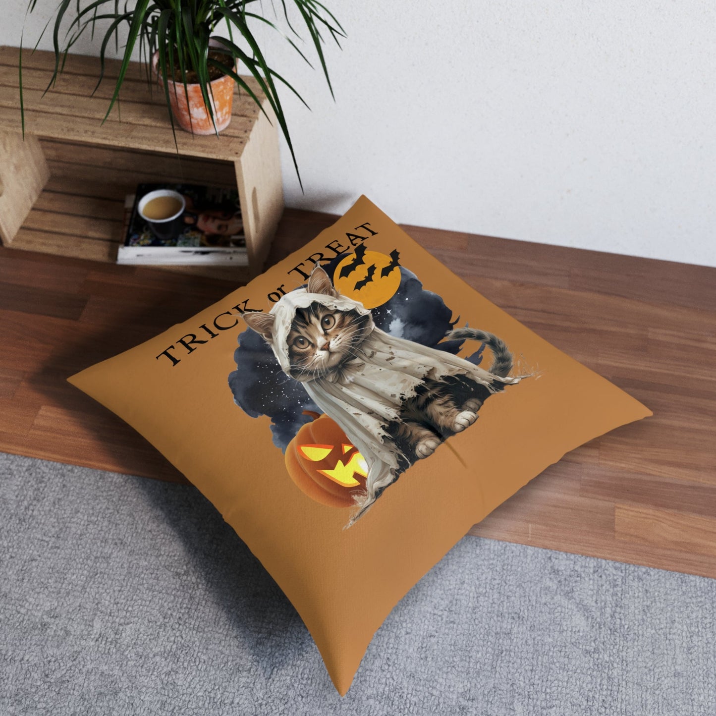Coussin de sol carré Halloween avec chat pour une décoration de vacances confortable