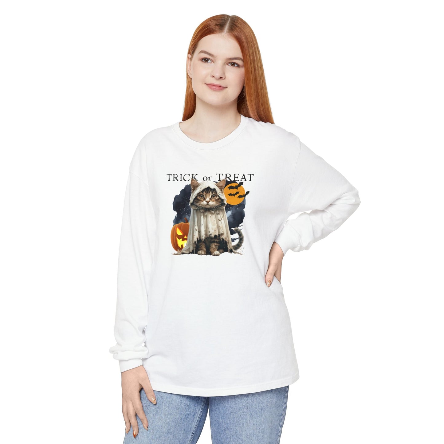 Halloween Cat Long Sleeve Tee - Unisex Spooky Shirt