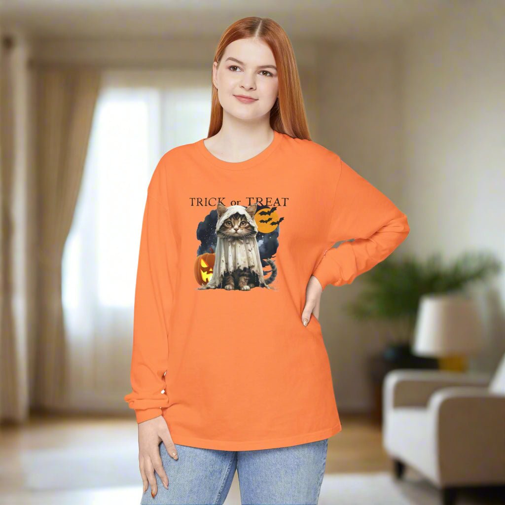 Halloween Cat Long Sleeve Tee - Unisex Spooky Shirt