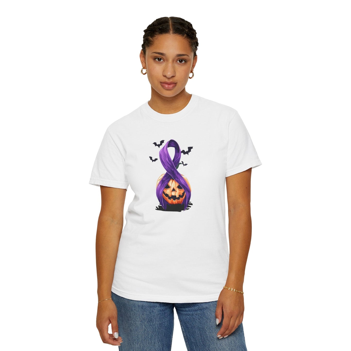 Halloween Unisex T-Shirt with Elegant Purple Ribbon Design