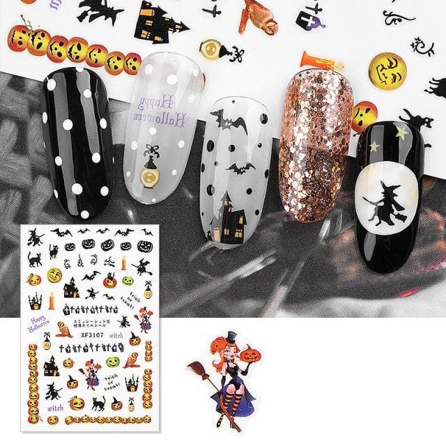 Calcomanías de Arte de Uñas de Halloween - Diseños Festivos de Calabaza, Esqueleto y Araña