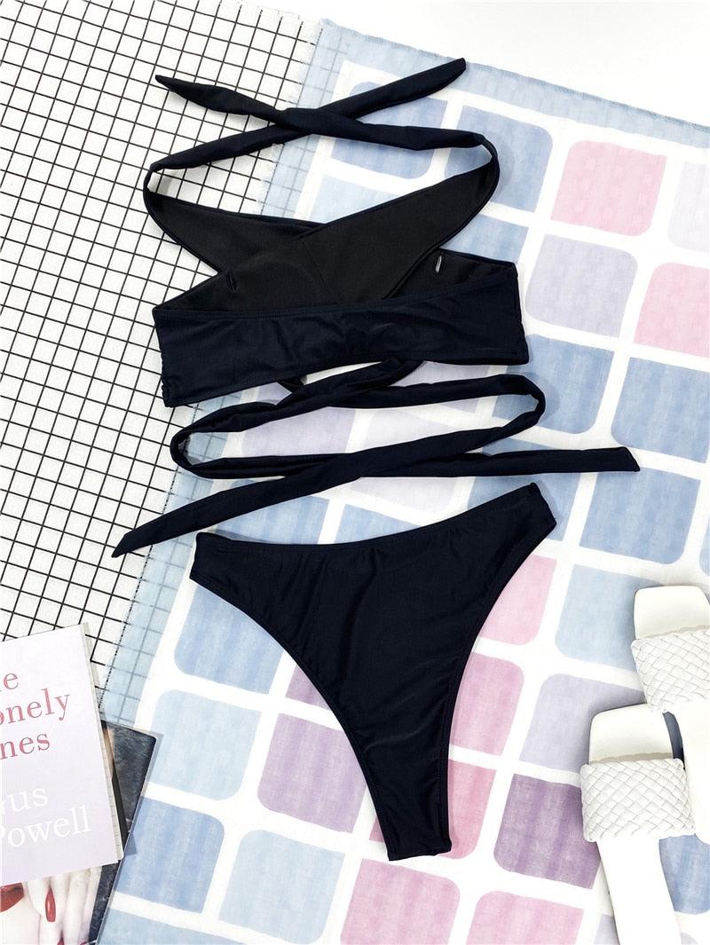 Ensemble de bikinis croisés à col halter - Maillots de bain pour femmes