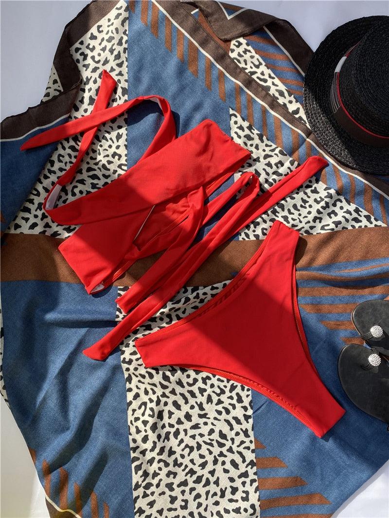 Ensemble de bikinis croisés à col halter - Maillots de bain pour femmes