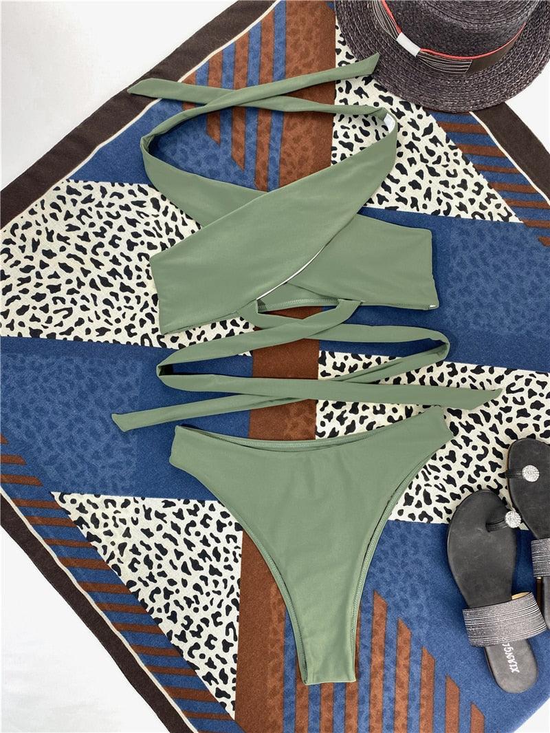 Ensemble de bikinis croisés à col halter - Maillots de bain pour femmes
