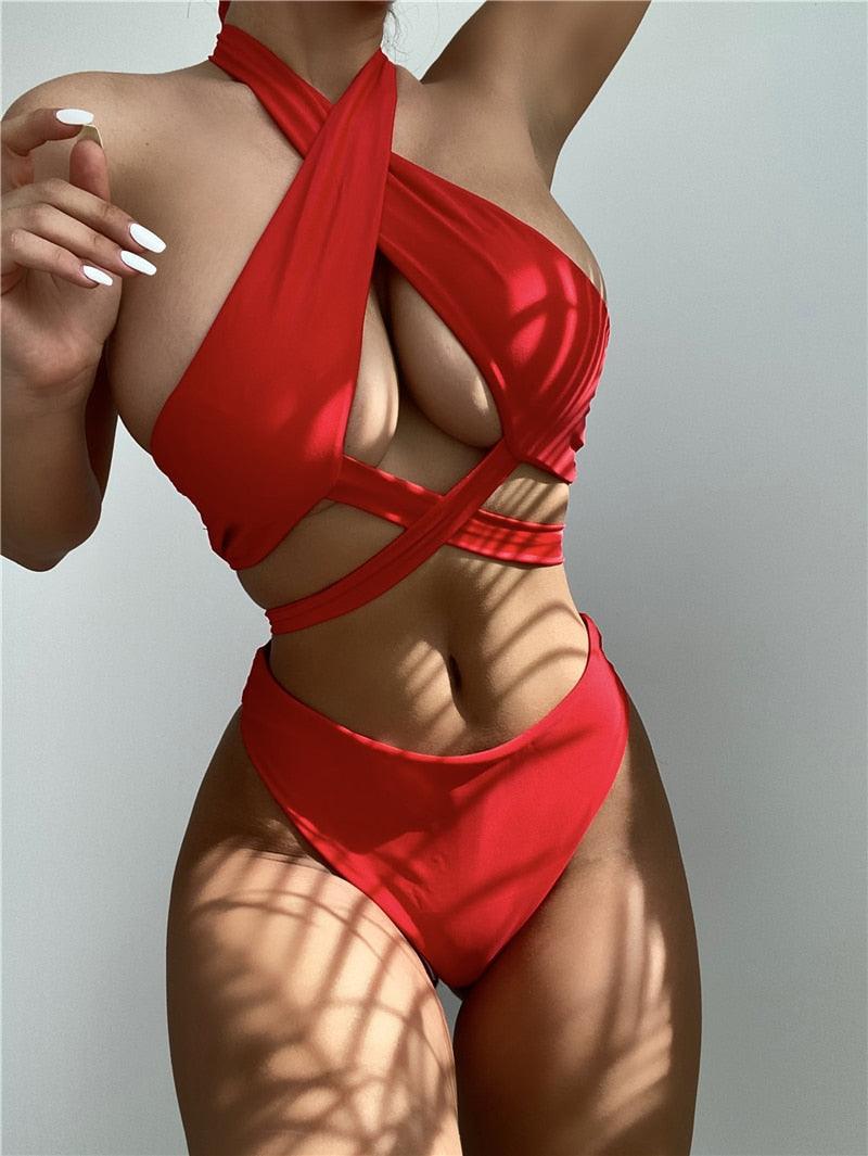 Ensemble de bikinis croisés à col halter - Maillots de bain pour femmes