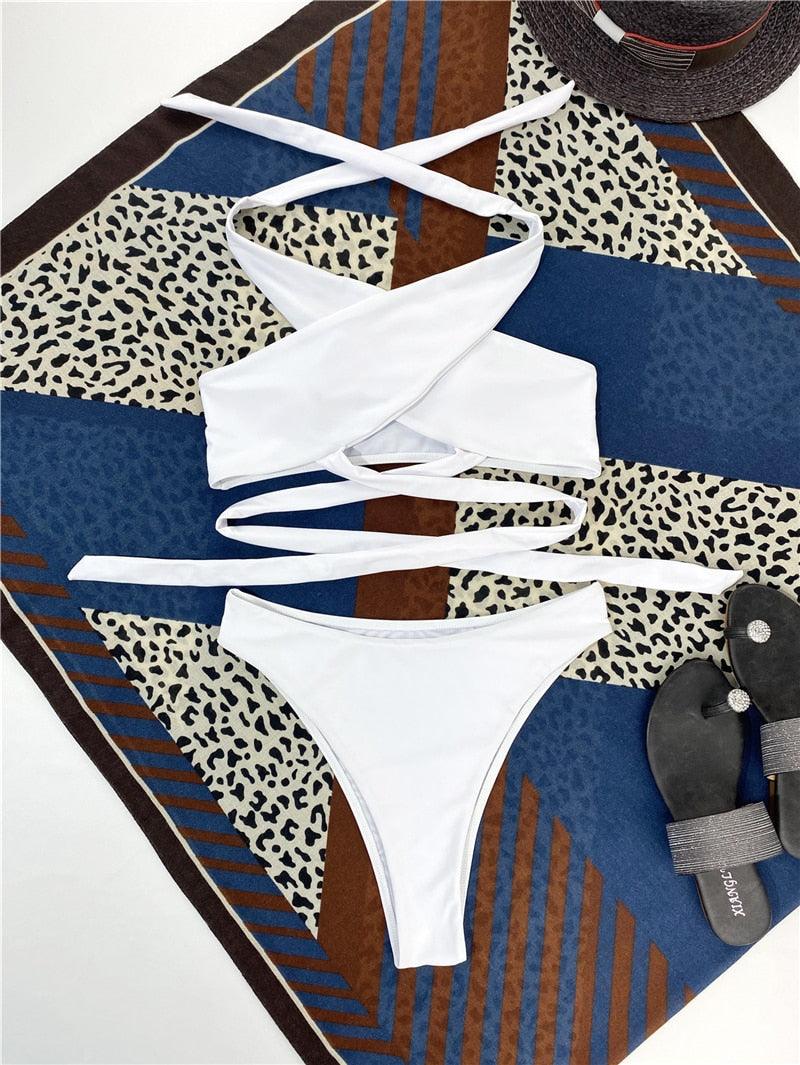Ensemble de bikinis croisés à col halter - Maillots de bain pour femmes