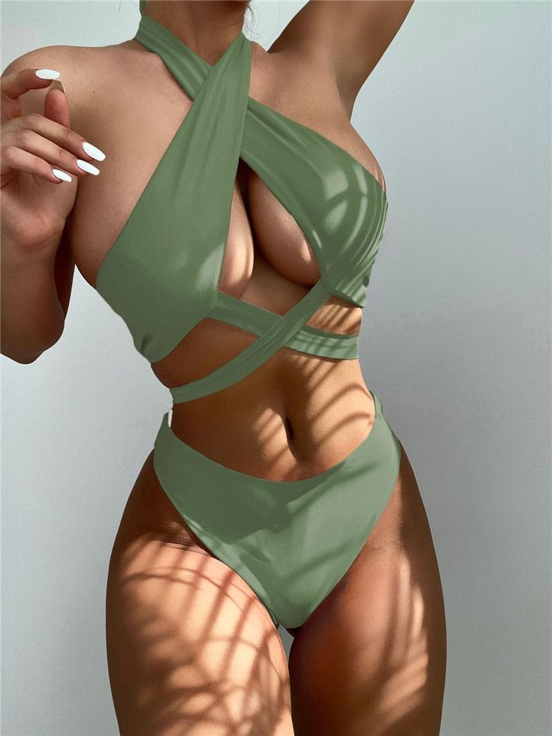 Ensemble de bikinis croisés à col halter - Maillots de bain pour femmes